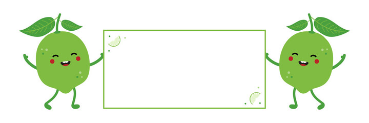 Couple of cute cartoon style green lime characters holding blank, empty card, banner in hands. 
