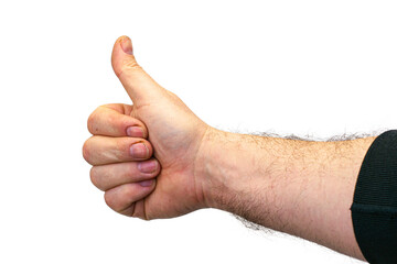 a man's hand shows a like on a white background