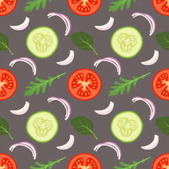 Seamless vegetables pattern with tomatoes, cucumber and leaves of spinach, arugula on white background