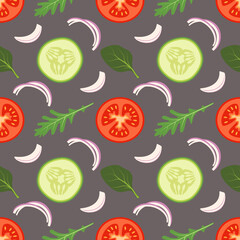 Seamless vegetables pattern with tomatoes, cucumber and leaves of spinach, arugula on white background