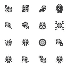 Global business vector icons set, modern solid symbol collection, filled style pictogram pack. Signs logo illustration. Set includes icons - outsourcing, deal agreement, business strategy, world globe