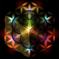 Seed of life, colorful 3d vector healing part of metatrons cube. Sacred geometry divine creation of universe