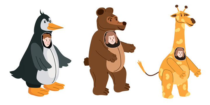 Set Actors in animal Penguin, Bear, Giraffe costume. Theme party, Birthday kid, children animator, entertainer wearing performer character for holiday masquerade, carnival. Vector