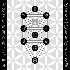 Tree of life with astrological symbols of planets on background of flower of life - 412451666