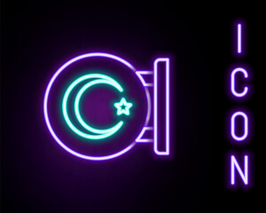 Glowing neon line Star and crescent - symbol of Islam icon isolated on black background. Religion symbol. Colorful outline concept. Vector.