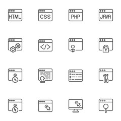 Fototapeta premium Web development line icons set, outline vector symbol collection, linear style pictogram pack. Signs, logo illustration. Set includes icons as developer, coding content, website hosting, HTML code