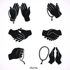 Set praying human hands holding Rosary (Tasbih), flat black style, icons isolated on white background, vector 