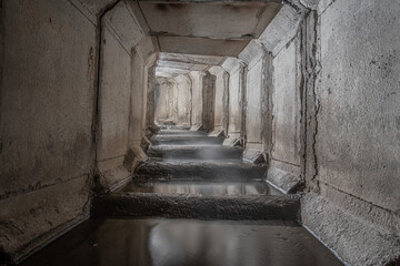 Square concrete drainage underground tunnel with steam evaporating from the water. Concrete sewer...