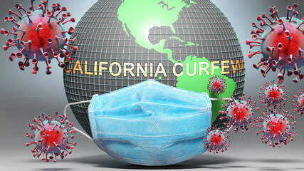 California curfew and covid - Earth globe protected with a blue mask against attacking corona viruses to show the relation between California curfew and current events, 3d illustration