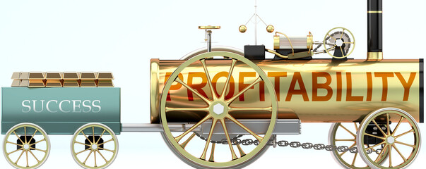 Profitability and success - symbolized by a steam car pulling a success wagon loaded with gold bars to show that Profitability is essential for prosperity and success in life, 3d illustration