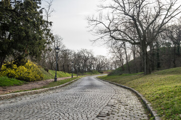 Fototapeta na wymiar View of the road leading to the gate of the Petrovaradin fortress. Novi Sad, Serbia 