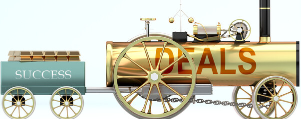 Deals and success - symbolized by a retro steam car with word Deals pulling a success wagon loaded with gold bars to show that Deals is essential for prosperity and success in life, 3d illustration