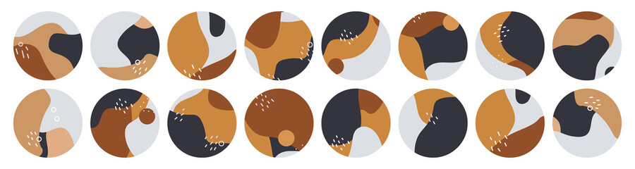 Big set of various vector highlight covers. Abstract backgrounds. Various shapes, lines, spots, dots, doodle objects. Hand drawn templates. Round icons for social media stories. Perfect for bloggers