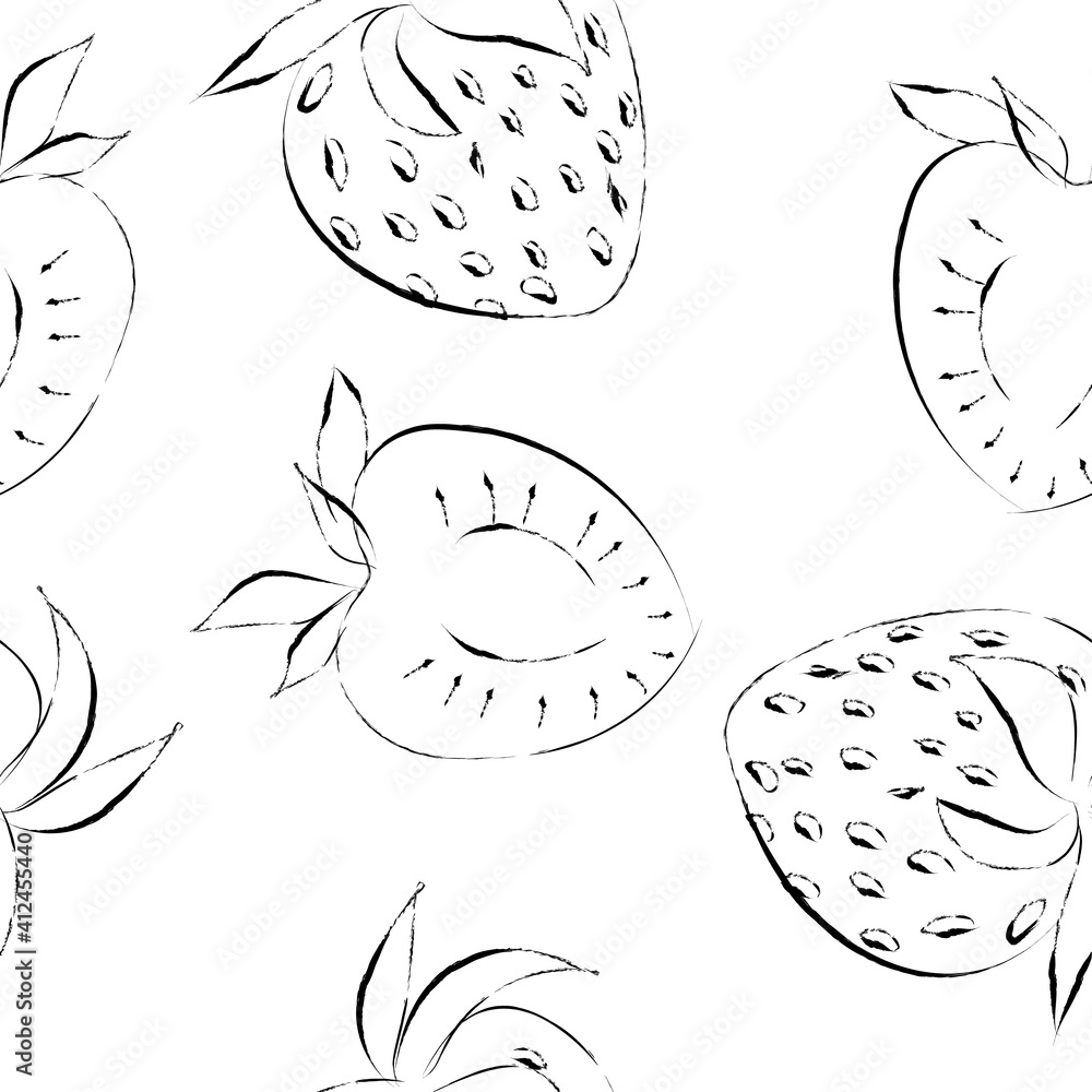 Wall mural seamless pattern with outline strawberry isolated on white. modern stock illustration of the exotic 