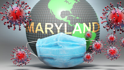 Maryland and covid - Earth globe protected with a blue mask against attacking corona viruses to show the relation between Maryland and current events, 3d illustration
