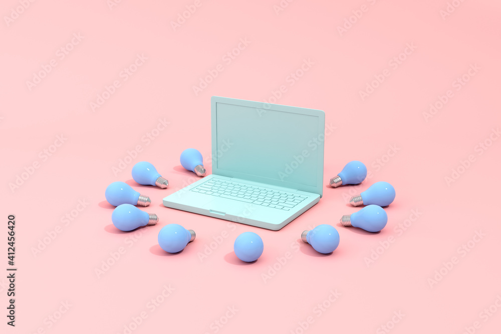 Poster 3d rendering of blank screen laptop and light bulbs. minimal concept.