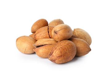 Heap of tasty pecan nuts isolated on white background