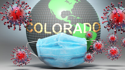 Colorado and covid - Earth globe protected with a blue mask against attacking corona viruses to show the relation between Colorado and current events, 3d illustration