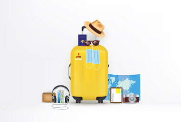 Travel kit New normal lifestyle concept. Masks Yellow suitcase with sunglasses, map, hat and camera. Protection coronavirus (2019-ncov) Vector EPS10 illustration.