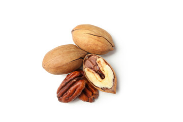 Tasty pecan nuts isolated on white background