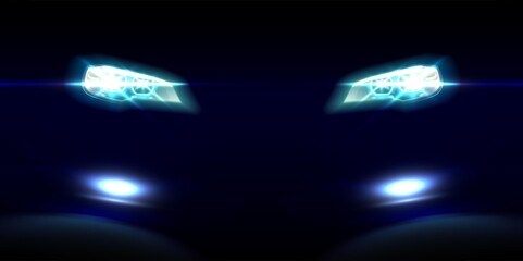 Fototapeta na wymiar Vector realistic car front lights on dark background.