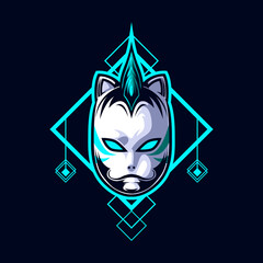 logo esport head white ninja mask with blue light ornament. logo vector head white ninja mask for gaming. theme white color costume character. illustration for clothes, t-shirt, logo esport.
