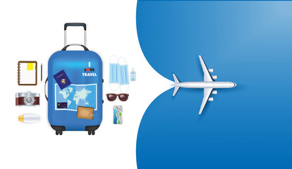 Travel kit New normal lifestyle concept. Masks blue suitcase with sunglasses, map, hat and camera. Protection coronavirus (2019-ncov) Vector EPS10 illustration.