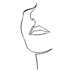 Abstract portrait of a young woman is drawn by one line. Minimalistic contour silhouette. Emphasis on the lips. Vector illustration isolated on white background.