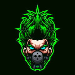 logo esport head men grey mask green hair. logo vector head men grey mask green hair for gaming. theme green color costume character. illustration for clothes, t-shirt, logo esport.