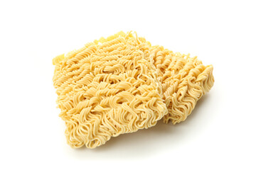 Two pieces instant noodles on white background
