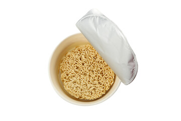 Uncooked instant noodles in paper cup isolated on white background