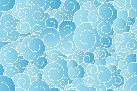 Seamless pattern of Chinese cloudy sky with curly blue clouds or curls. Repeatable texture with sea foam. Endless abstract backdrop. Monochrome flat vector illustration