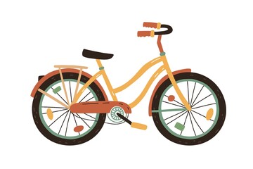 Bright childish bicycle or bike decorated with illumination on wheel spokes. Colorful flat vector illustration isolated on white background