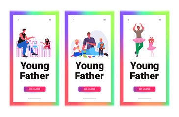 set young father spending time with his children parenting fatherhood concept full length horizontal copy space vector illustration