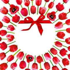 Holiday round banner with ribbon, red tulip flowers on background. Gift card with blank white circle clear place. Backdrop design for Valentine’s day, Birthday, 8 March