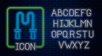 Fototapeta premium Glowing neon Jump rope icon isolated on brick wall background. Skipping rope. Sport equipment. Neon light alphabet. Vector.
