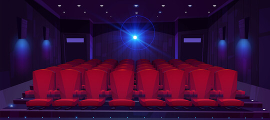 Movie theater hall with seat rows for audience and cinema projector. Vector cartoon illustration of empty auditorium interior with modern red chairs and light from projector