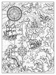 Black and white marine illustration of map with mermaid, islans, continent, ship, compass and sea monsters. Vector nautical drawings, adventure concept, coloring book page