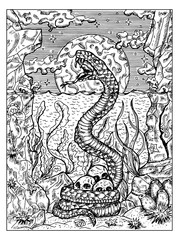 Black and white marine illustration with sacry snake, seascape and human skulls against full moon. Vector nautical drawings, adventure concept, coloring book page