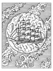 Black and white marine illustration with old sailing ship or sailboat against full moon and clouds. Vector nautical drawings, adventure concept, coloring book page