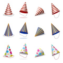 Party hats, birthday colorful caps with stripes and polka dots pattern, carton cones for bday or anniversary celebration isolated on white background, Realistic 3d vector illustration, icons set