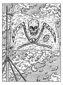Black and white marine illustration with the Jolly Rodger pirate flag with skull and scythe hanging on ship mast.Vector nautical drawings, adventure concept, coloring book page