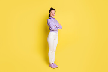 Fototapeta na wymiar Full length body size photo young entrepreneur smiling wearing formal outfit isolated on vibrant yellow color background