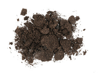Fertilized organic pile soil isolated on white background. Dirty earth on white background. natural black earth