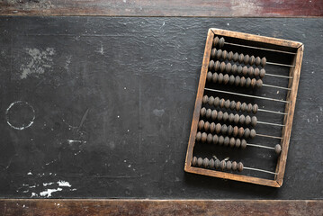 Old arithmetic abacus on the desk top view background with copy space.