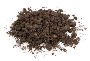Fertilized organic pile soil isolated on white background. Dirty earth on white background. natural black earth