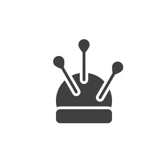 Pincushion with pins vector icon. filled flat sign for mobile concept and web design. Tailor cushion with pin needles glyph icon. Symbol, logo illustration. Vector graphics