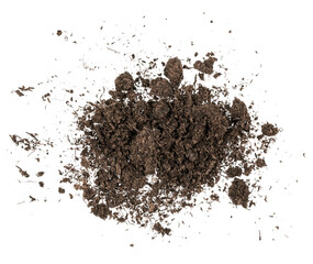 Fertilized organic pile soil isolated on white background. Dirty earth on white background. natural black earth