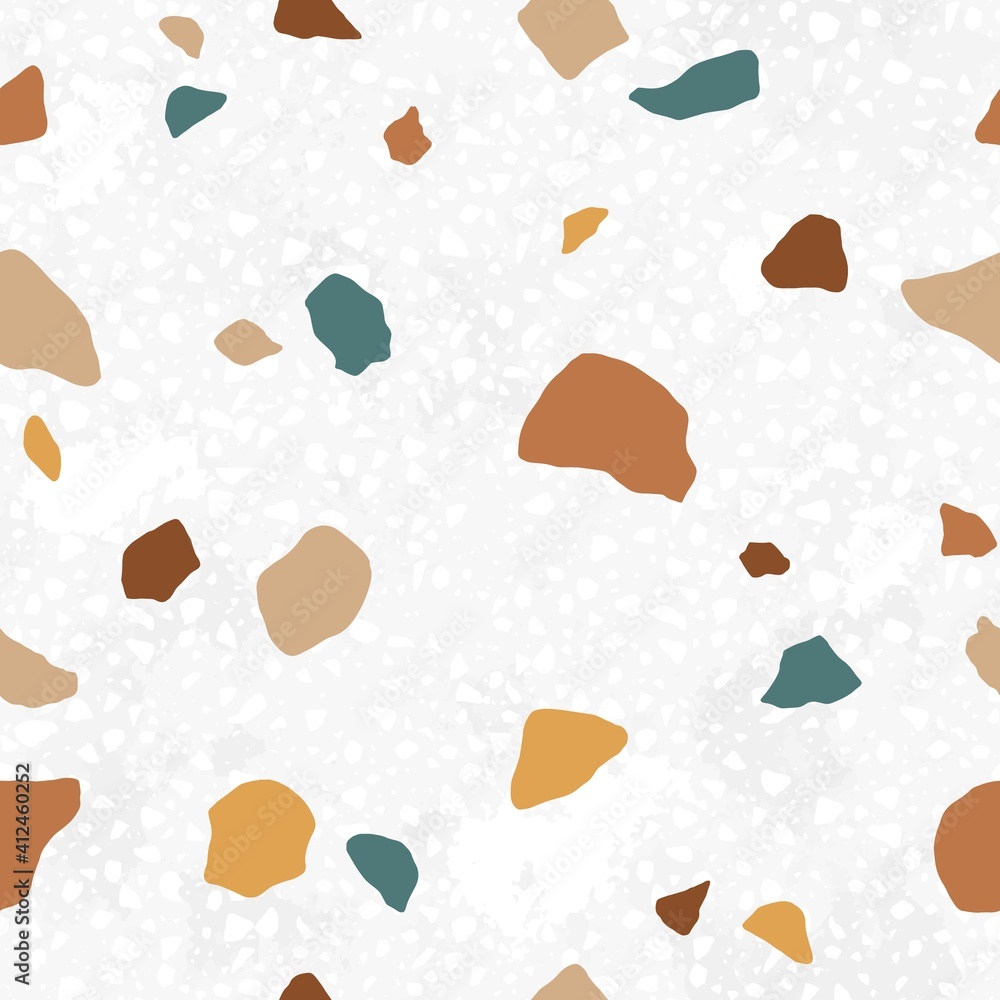 Poster italian terrazzo seamless pattern. trendy endless texture design with repeatable scattered stone fra