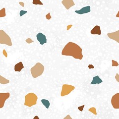 Italian terrazzo seamless pattern. Trendy endless texture design with repeatable scattered stone fragments of organic irregular shapes. Modern floor tile. Colored vector background at neutral colors